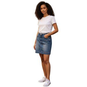 Talbots Petites womens size 12P jean skirt mini medium wash some fading stretch